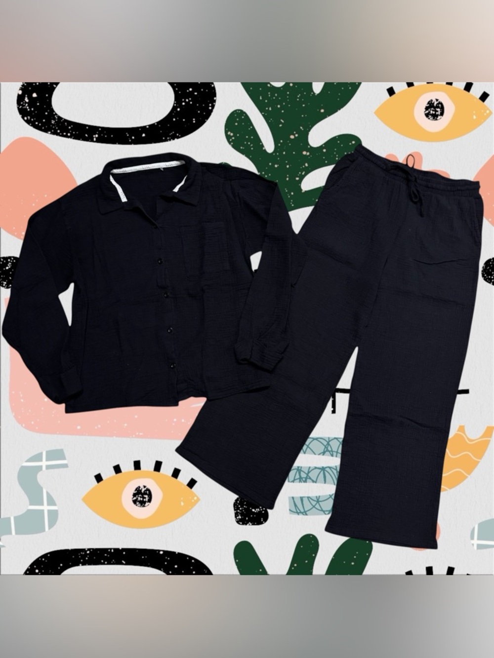 Nicole Miller | 2 Piece Black 100% Cotton Button Front Top + Wide Leg Pants Set